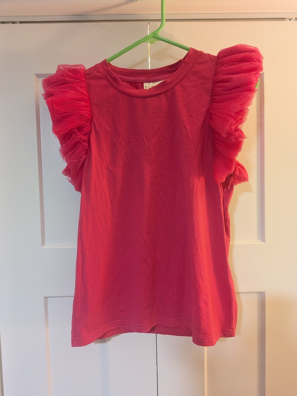 Queen of Sparkles Hot Pink T Shirt W/ Tulle Ruffle Sleeve Top Size S